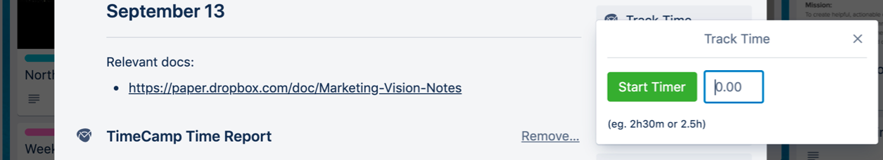TimeCamp interface in Trello