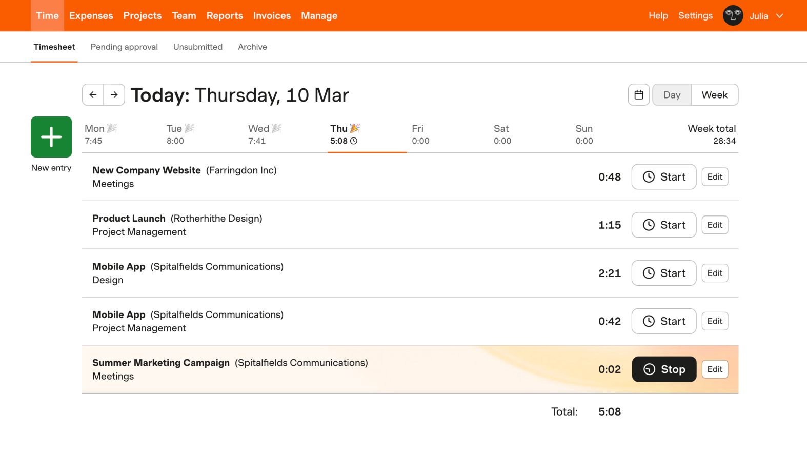 Harvest timetracking interface